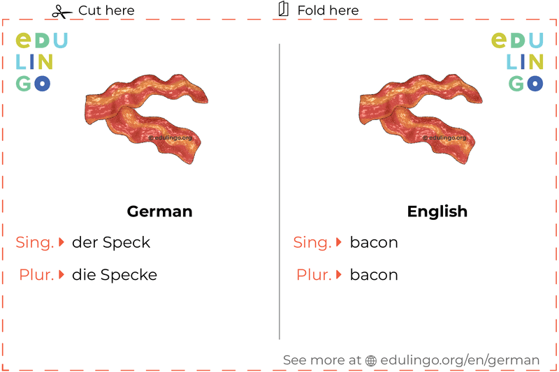 Bacon in German vocabulary flashcard for printing, practicing and learning