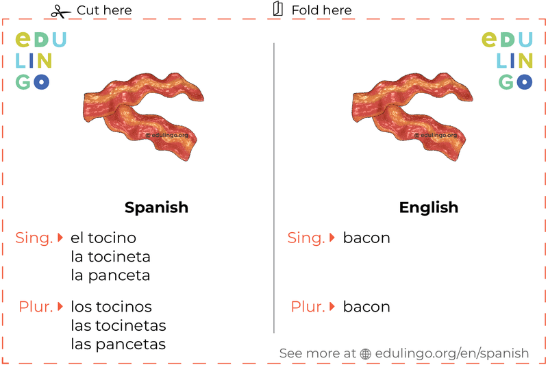 Bacon in Spanish vocabulary flashcard for printing, practicing and learning