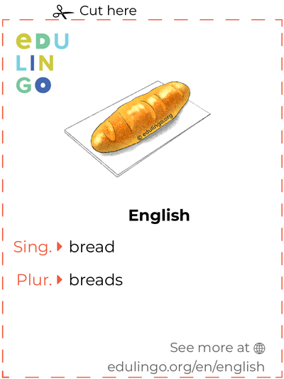 Bread in English vocabulary flashcard for printing, practicing and learning