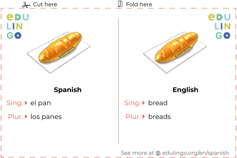 Bread in Spanish vocabulary flashcard for printing, practicing and learning