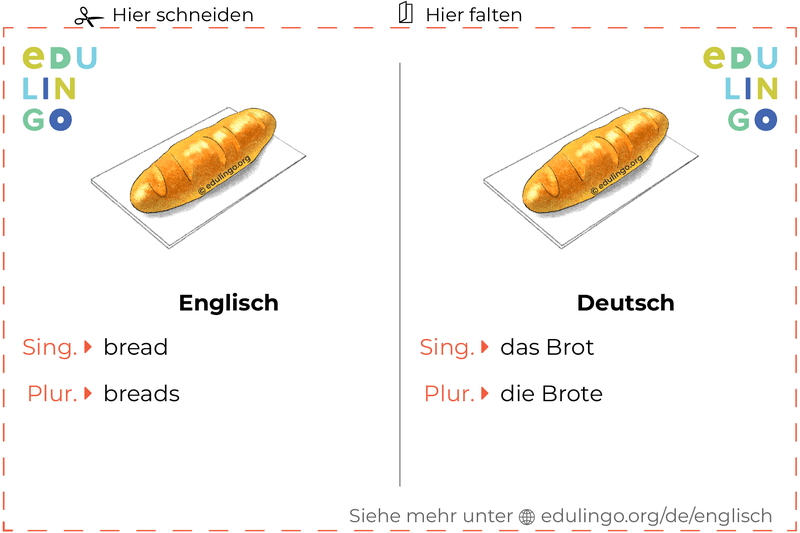 Brot auf Englisch Vokabelkartei zum Ausdrucken, Üben und Lernen