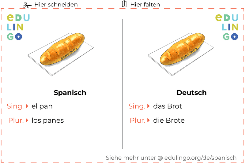 Brot auf Spanisch Vokabelkartei zum Ausdrucken, Üben und Lernen
