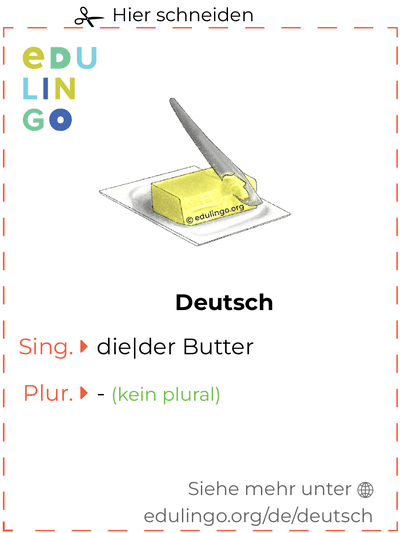 Butter auf Deutsch Vokabelkartei zum Ausdrucken, Üben und Lernen