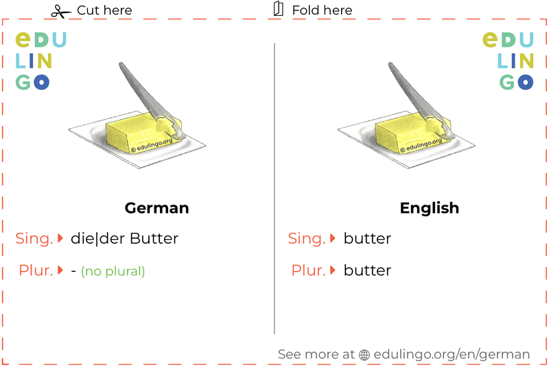 Butter in German vocabulary flashcard for printing, practicing and learning