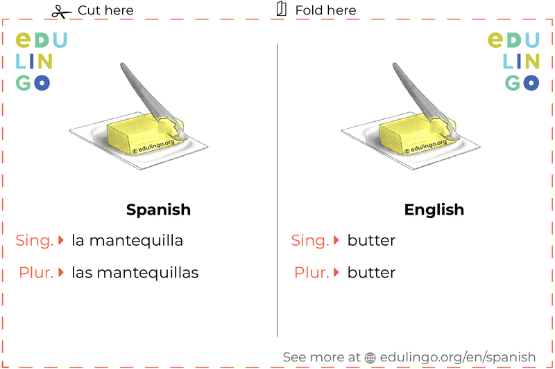 Butter in Spanish vocabulary flashcard for printing, practicing and learning