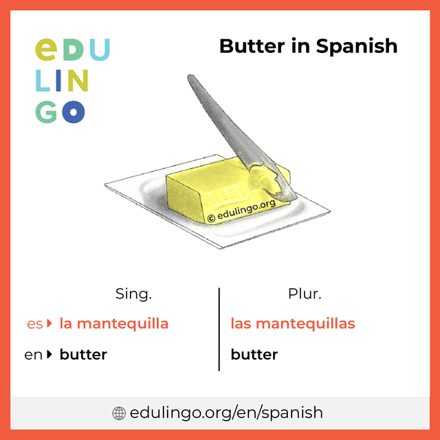 Butter in Spanish vocabulary picture with singular and plural for download and printing