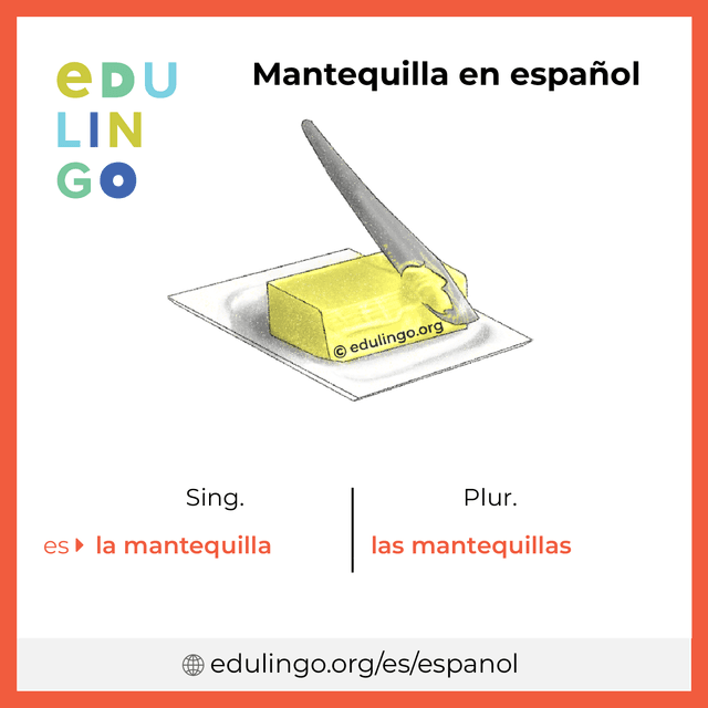 Imagen de vocabulario Mantequilla en español con singular y plural para descargar e imprimir