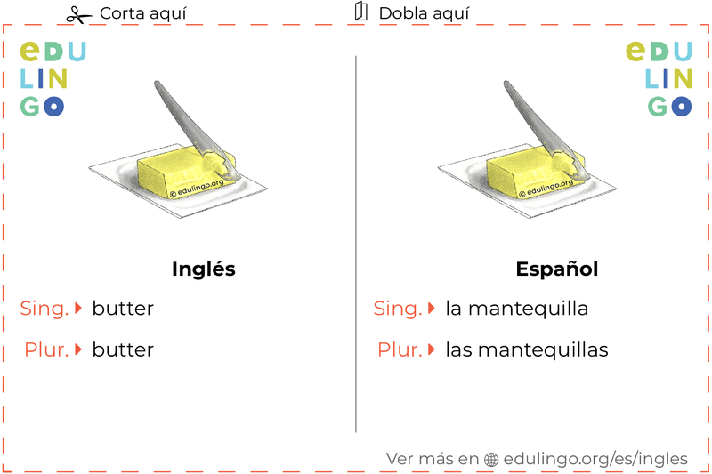 Ficha de Vocabulario Mantequilla en inglés para imprimir, practicar y aprender