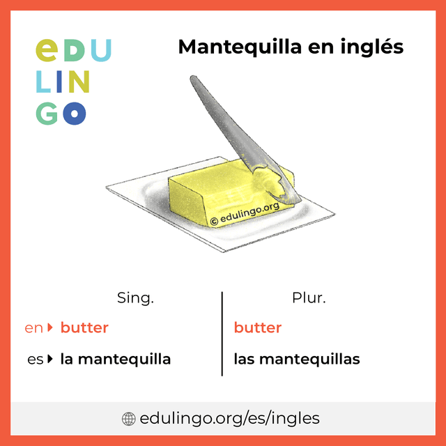 Imagen de vocabulario Mantequilla en inglés con singular y plural para descargar e imprimir