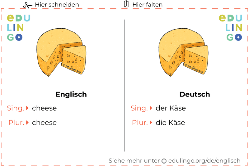 Käse auf Englisch Vokabelkartei zum Ausdrucken, Üben und Lernen
