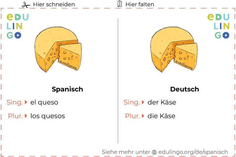 Käse auf Spanisch Vokabelkartei zum Ausdrucken, Üben und Lernen