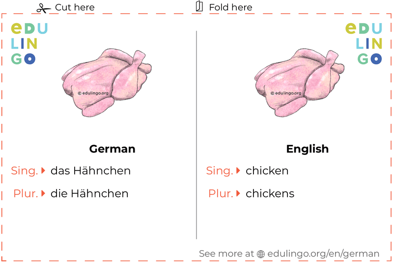 Chicken in German vocabulary flashcard for printing, practicing and learning