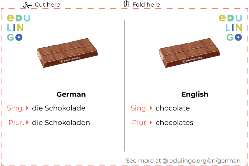 Chocolate in German vocabulary flashcard for printing, practicing and learning