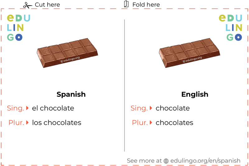 Chocolate in Spanish vocabulary flashcard for printing, practicing and learning