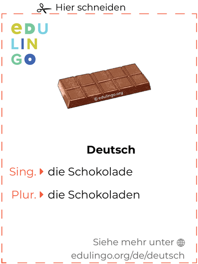 Schokolade auf Deutsch Vokabelkartei zum Ausdrucken, Üben und Lernen