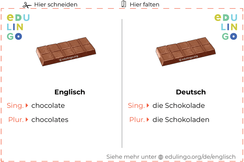 Schokolade auf Englisch Vokabelkartei zum Ausdrucken, Üben und Lernen