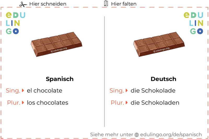 Schokolade auf Spanisch Vokabelkartei zum Ausdrucken, Üben und Lernen