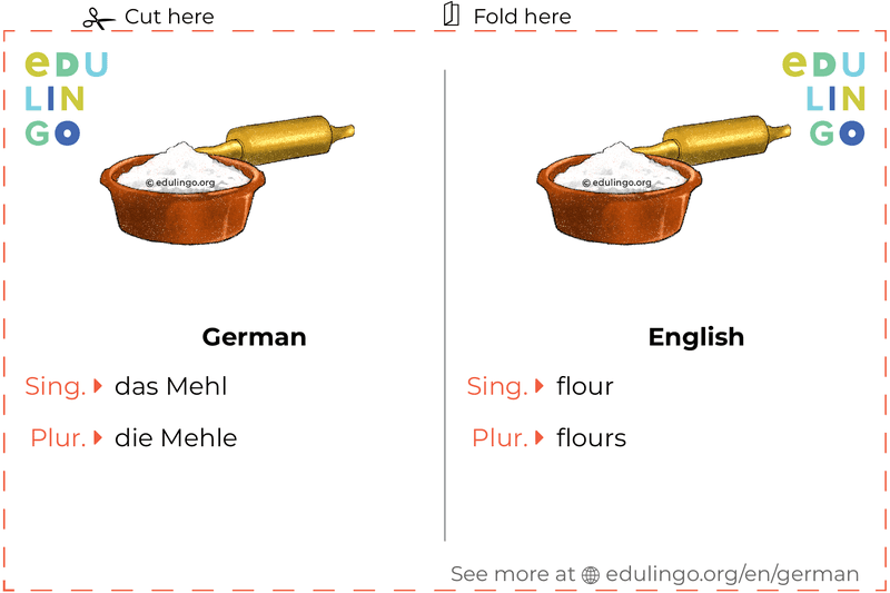 Flour in German vocabulary flashcard for printing, practicing and learning
