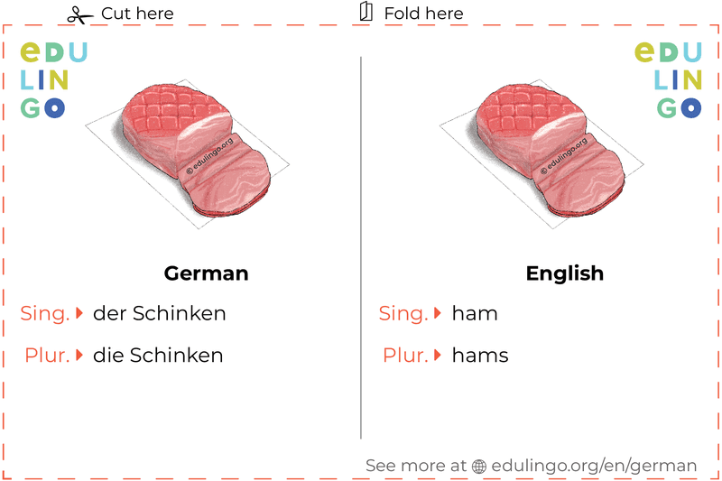 Ham in German vocabulary flashcard for printing, practicing and learning