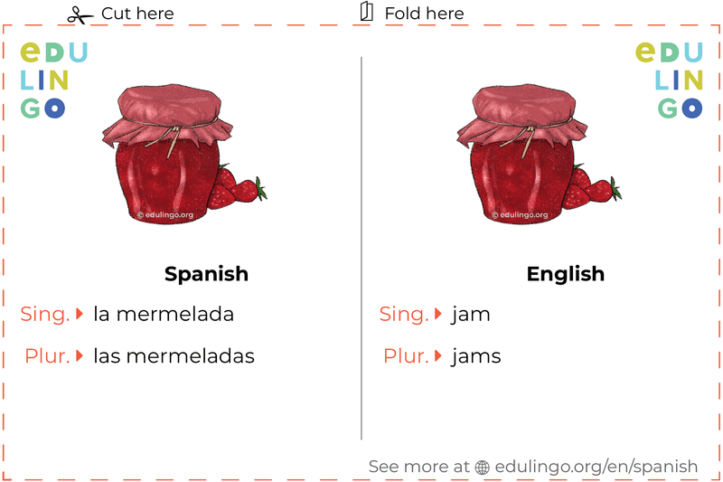 Jam in Spanish vocabulary flashcard for printing, practicing and learning