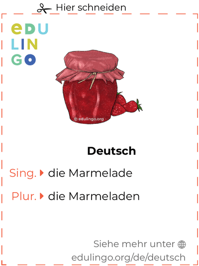 Marmelade auf Deutsch Vokabelkartei zum Ausdrucken, Üben und Lernen