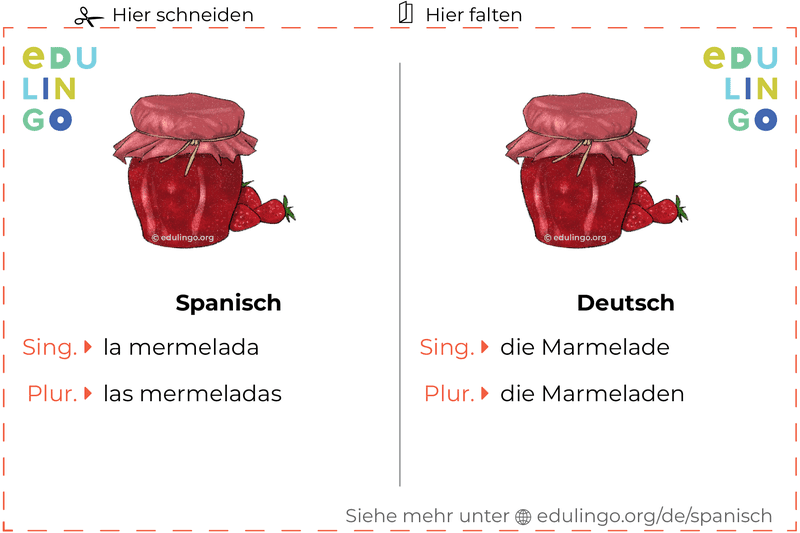 Marmelade auf Spanisch Vokabelkartei zum Ausdrucken, Üben und Lernen
