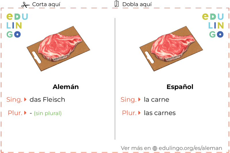 Ficha de Vocabulario Carne en alemán para imprimir, practicar y aprender