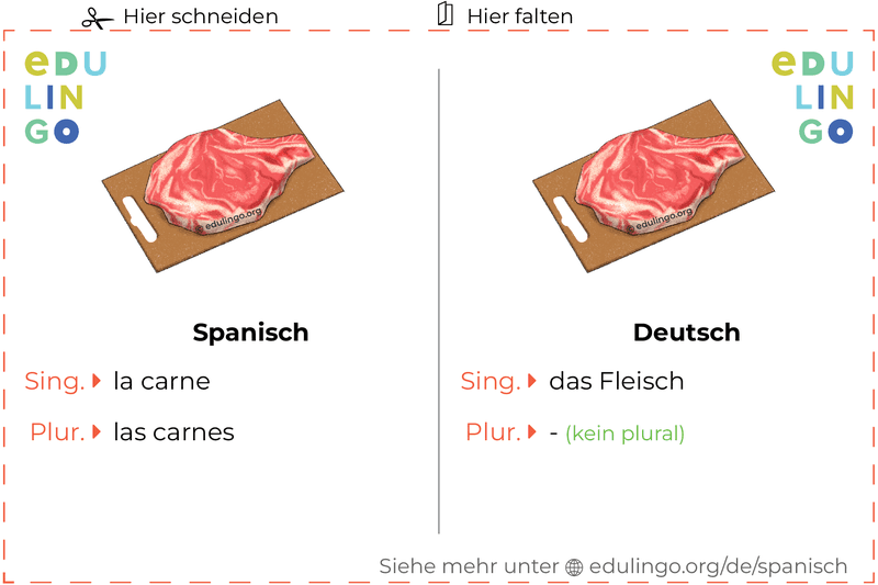 Fleisch auf Spanisch Vokabelkartei zum Ausdrucken, Üben und Lernen