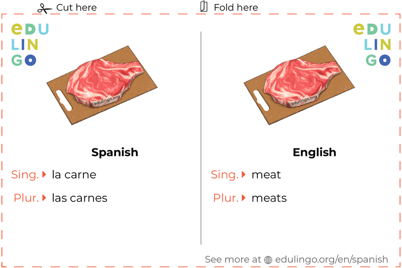 Meat in Spanish vocabulary flashcard for printing, practicing and learning