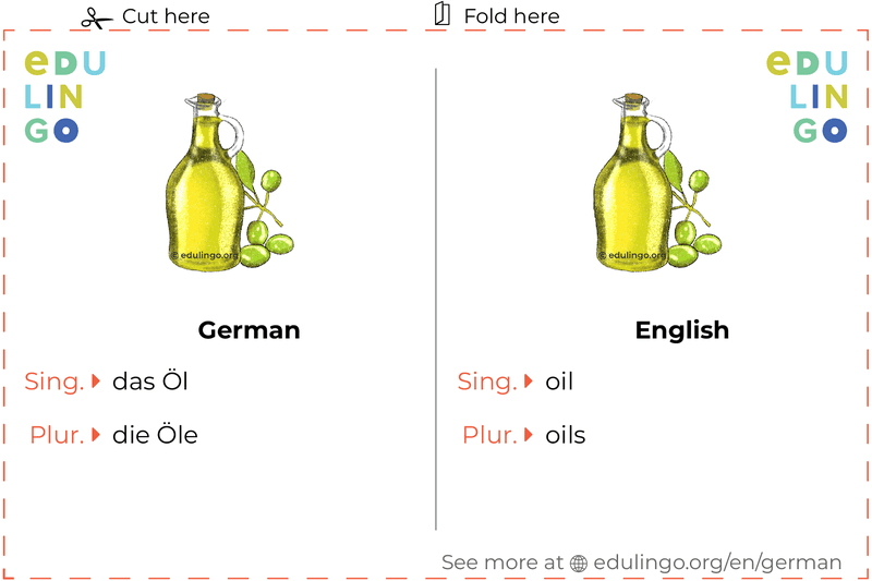 Oil in German vocabulary flashcard for printing, practicing and learning