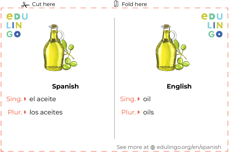 Oil in Spanish vocabulary flashcard for printing, practicing and learning
