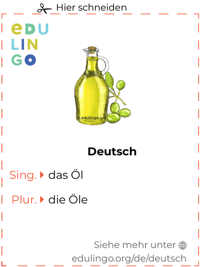 Öl auf Deutsch Vokabelkartei zum Ausdrucken, Üben und Lernen