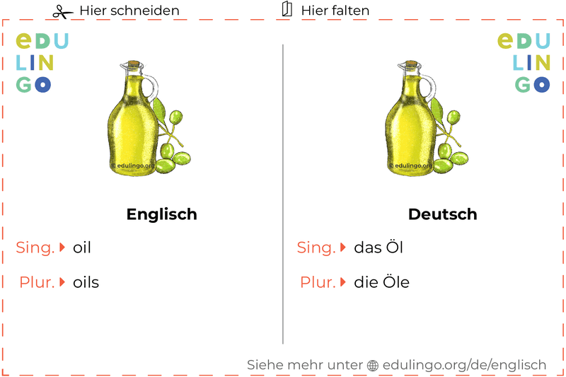 Öl auf Englisch Vokabelkartei zum Ausdrucken, Üben und Lernen