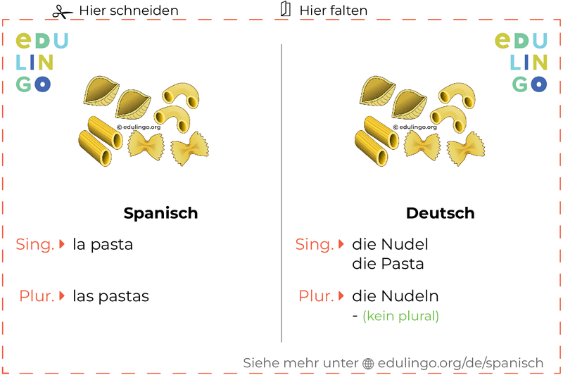 Nudel auf Spanisch Vokabelkartei zum Ausdrucken, Üben und Lernen