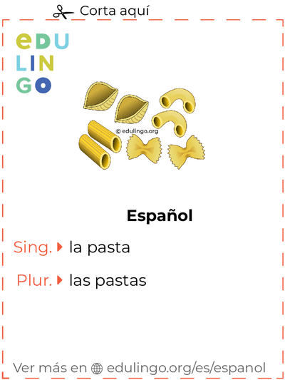 Ficha de Vocabulario Pasta en español para imprimir, practicar y aprender