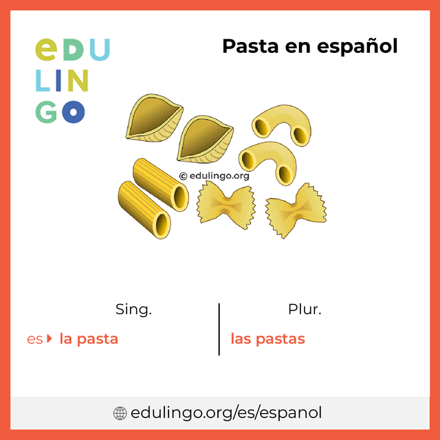 Imagen de vocabulario Pasta en español con singular y plural para descargar e imprimir
