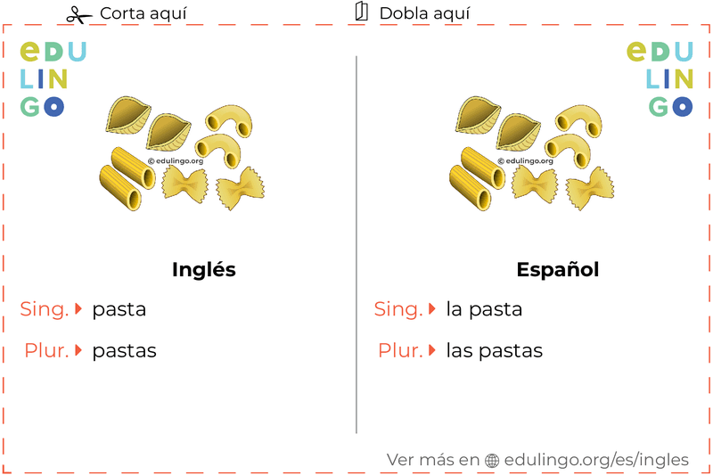 Ficha de Vocabulario Pasta en inglés para imprimir, practicar y aprender