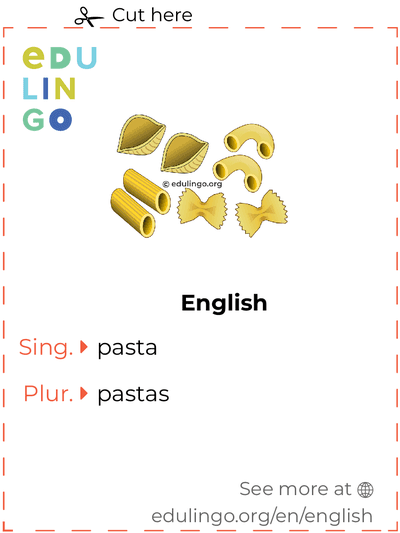 Pasta in English vocabulary flashcard for printing, practicing and learning
