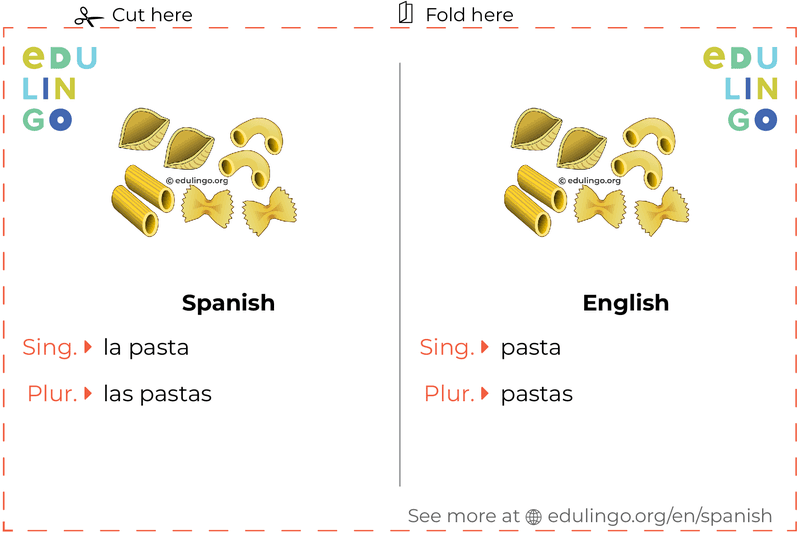 Pasta in Spanish vocabulary flashcard for printing, practicing and learning
