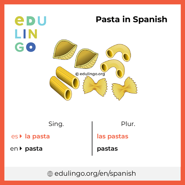 Pasta in Spanish vocabulary picture with singular and plural for download and printing