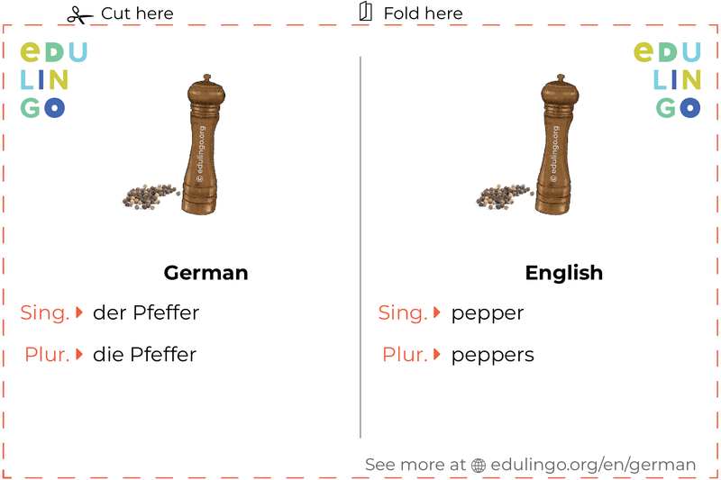 Pepper in German vocabulary flashcard for printing, practicing and learning