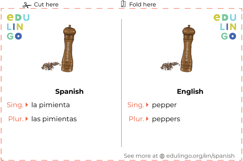 Pepper in Spanish vocabulary flashcard for printing, practicing and learning