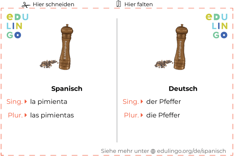 Pfeffer auf Spanisch Vokabelkartei zum Ausdrucken, Üben und Lernen
