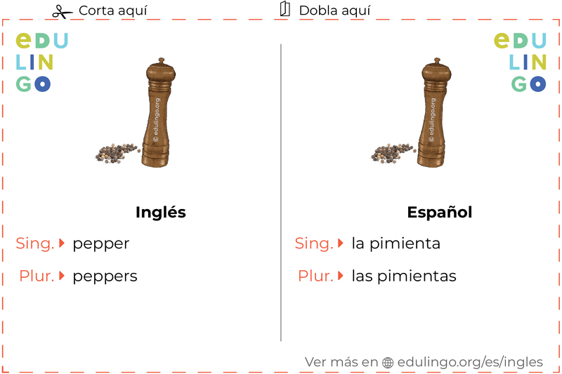 Ficha de Vocabulario Pimienta en inglés para imprimir, practicar y aprender