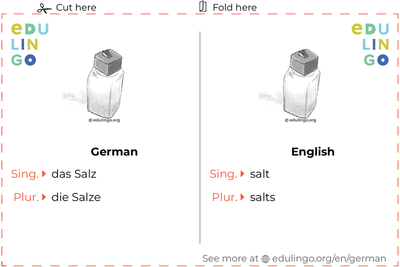 Salt in German vocabulary flashcard for printing, practicing and learning