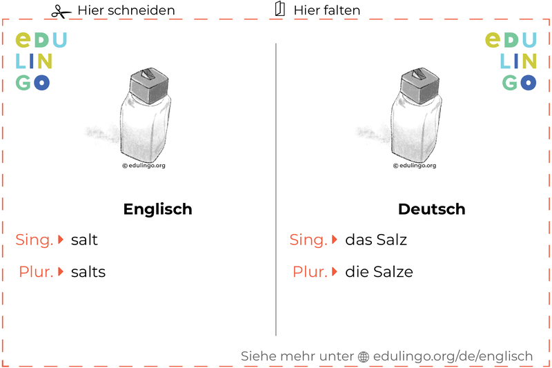 Salz auf Englisch Vokabelkartei zum Ausdrucken, Üben und Lernen