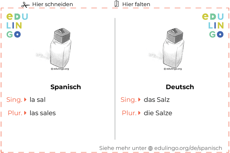 Salz auf Spanisch Vokabelkartei zum Ausdrucken, Üben und Lernen