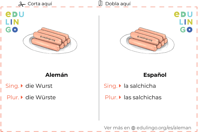 Ficha de Vocabulario Salchicha en alemán para imprimir, practicar y aprender