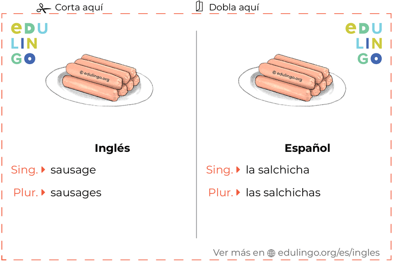 Ficha de Vocabulario Salchicha en inglés para imprimir, practicar y aprender