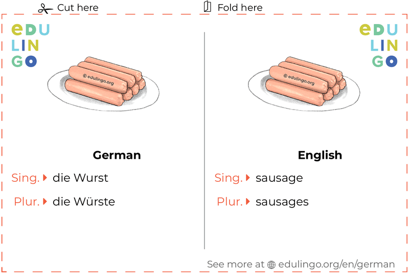 Sausage in German vocabulary flashcard for printing, practicing and learning